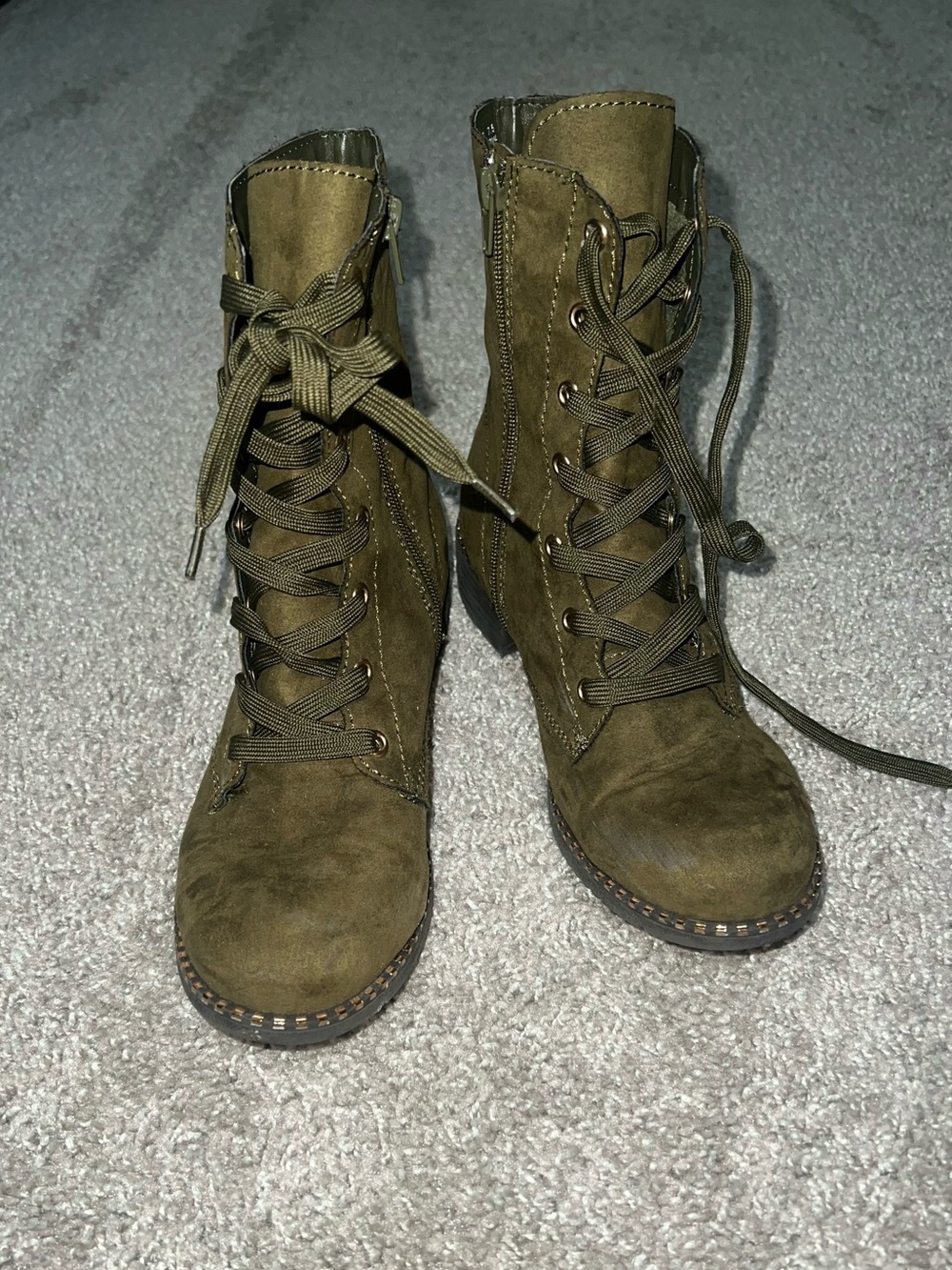 NWOT Olive Green Faux Suede Lace-Up Ankle Boots with Gold Accents